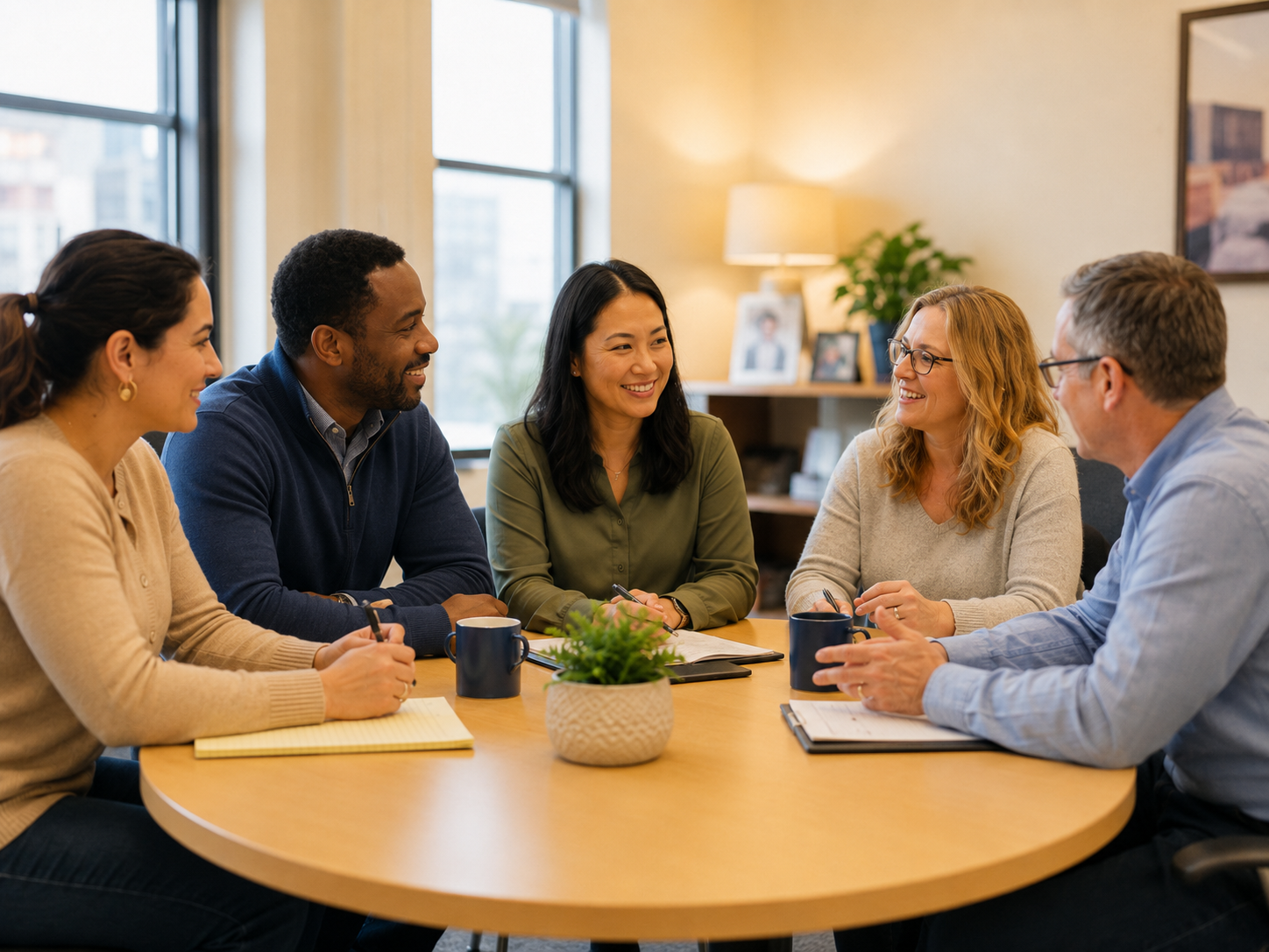A diverse group of partner organization representatives meeting together