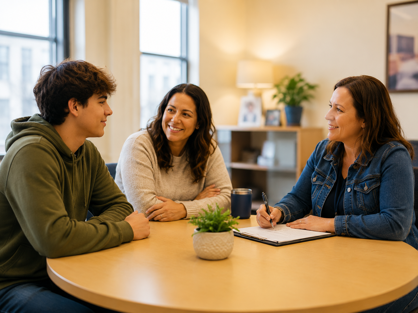 A teen, parent, and care coordinator meeting together