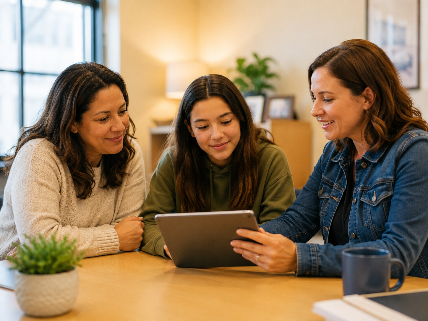 A parent, teen, and coordinator reviewing resources together on a tablet
