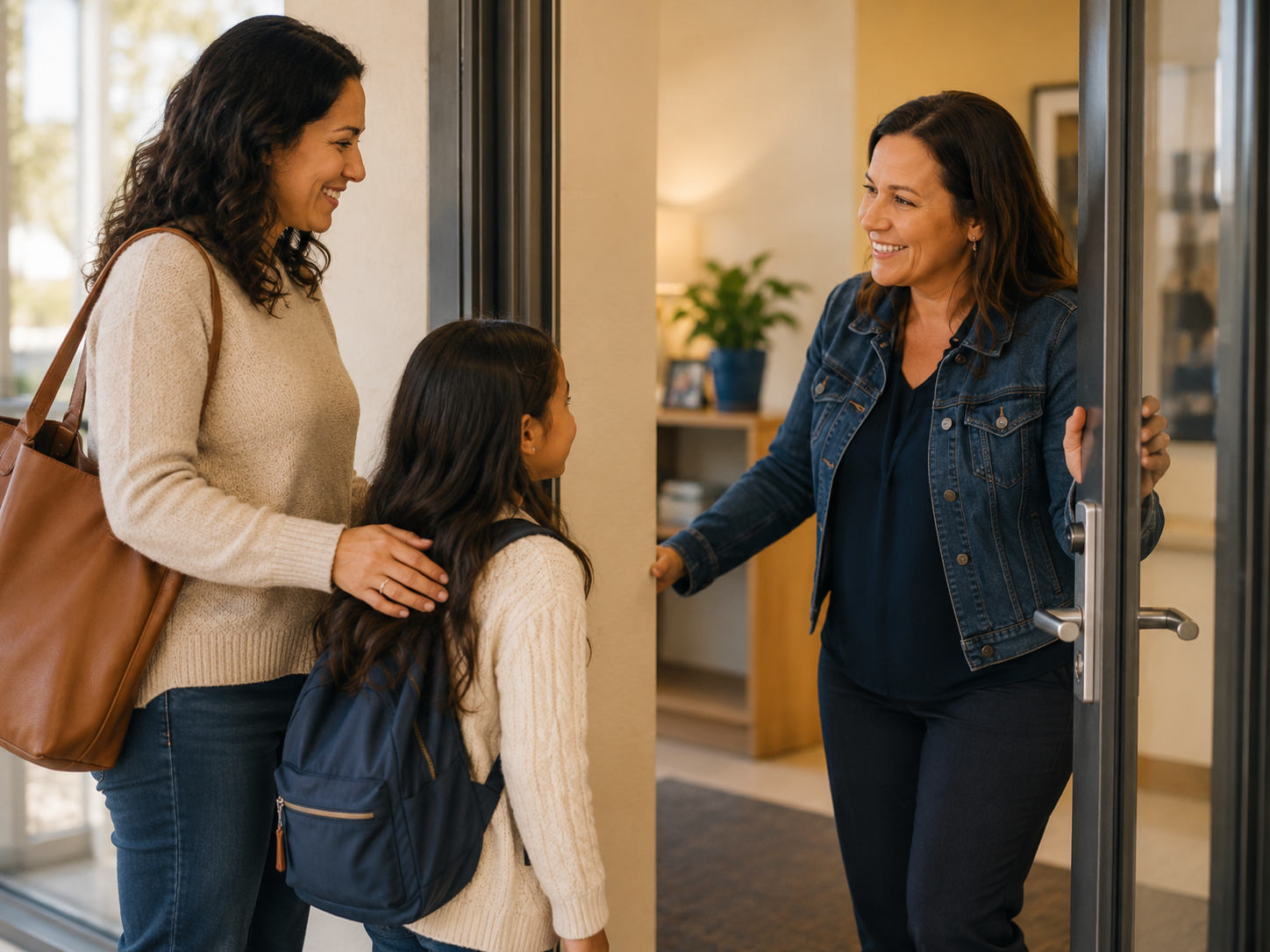A caregiver and child being welcomed into a care coordinator's office